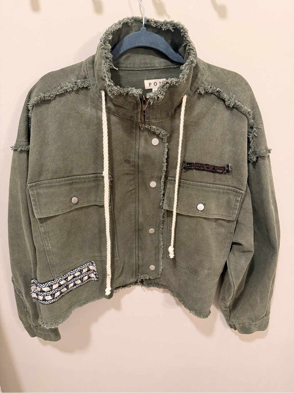 POL Olive Green Frayed Utility Jacket